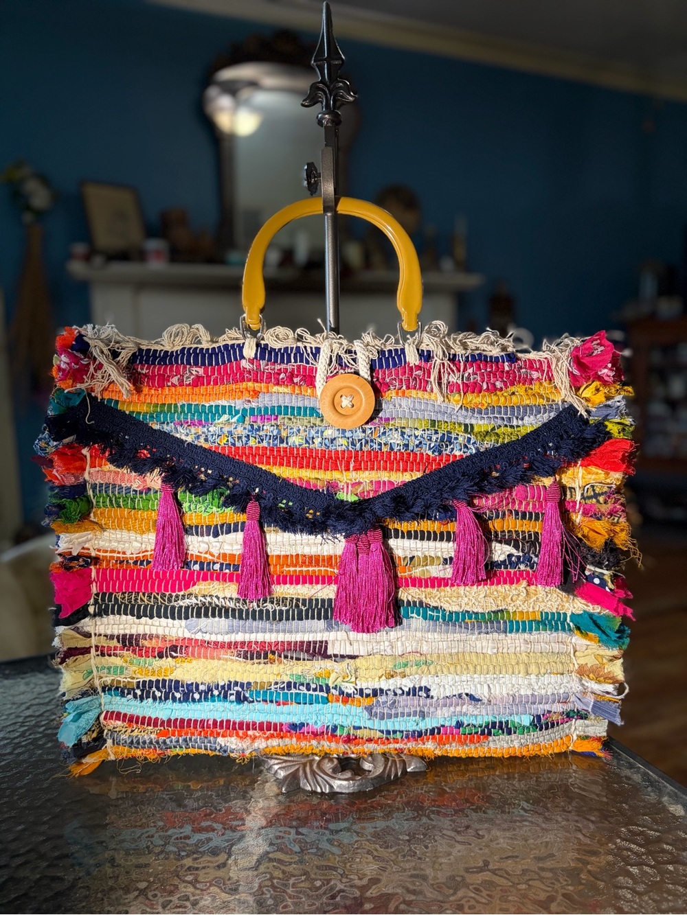 Boho Multicolor Woven Fringe Tote with Yellow Handles